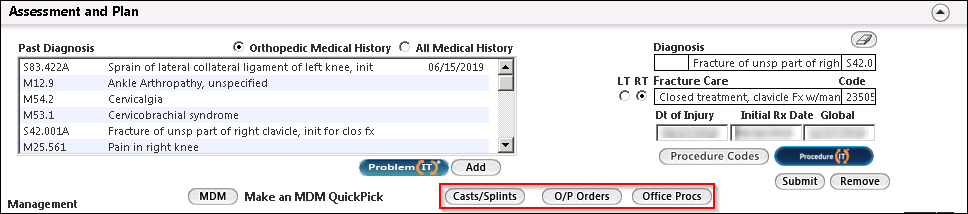 Cast/Splint, O/P Orders, and Office Procedures in the Assessment and Plan panel