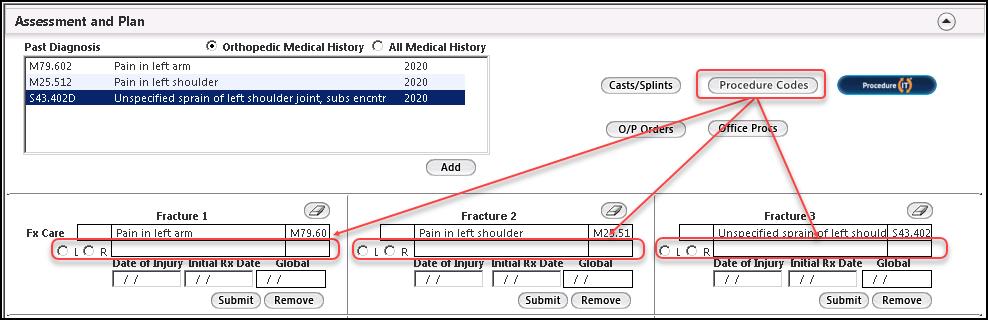 Fracture Care Procedure Codes in the Assessment and Plan panel