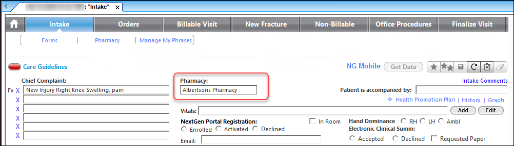 Pharmacy field on the Intake template
