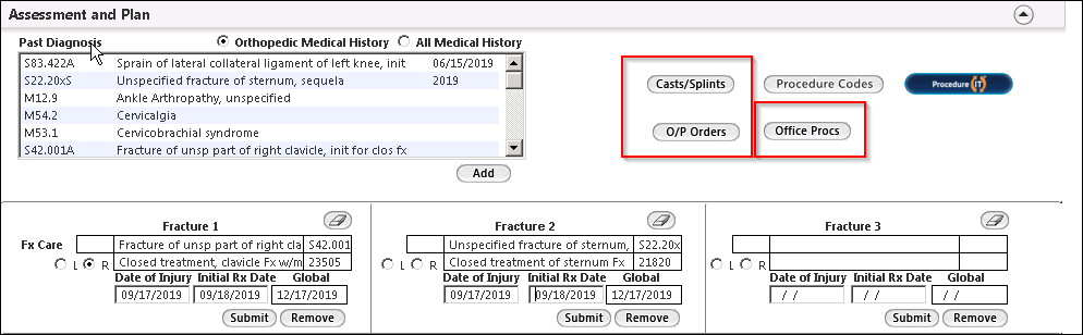 Cast/Splint, O/P Orders, and Office Procedures in the Assessment and Plan panel