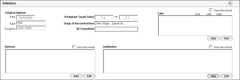 Infection panel on the Non Billable Visit template