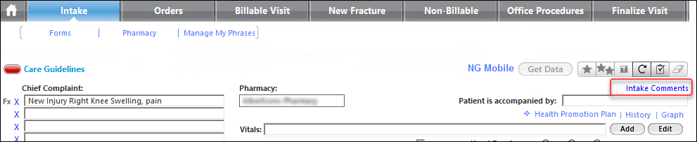 Intake Comments link on the Intake template