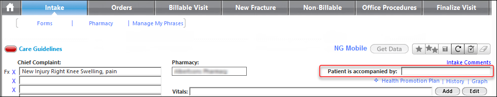Patient is accompanied by field on the Intake template