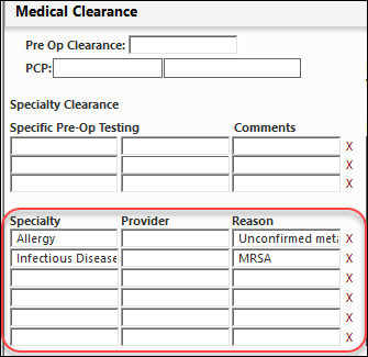 Specialty clearance fields in the Medical Clearance panel