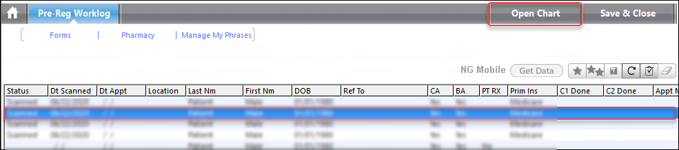 Open Chart link on the Pre-Registration Worklog template