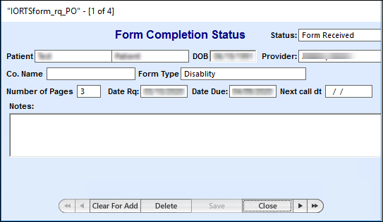 Form Completion Status window
