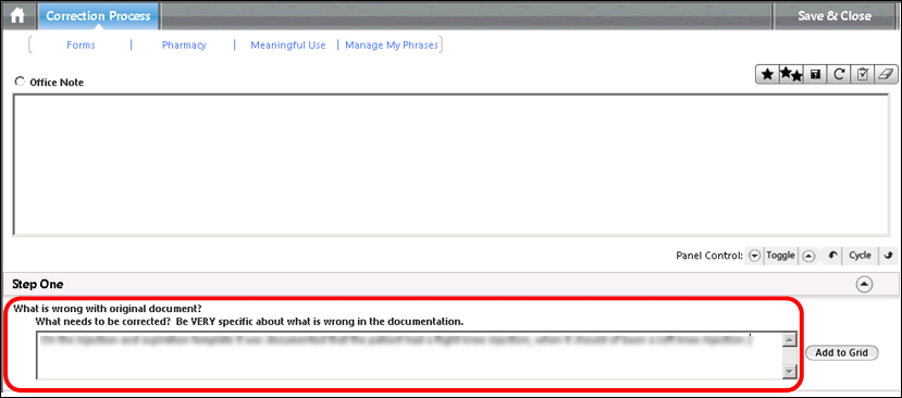 Step One panel on the Correction Process template