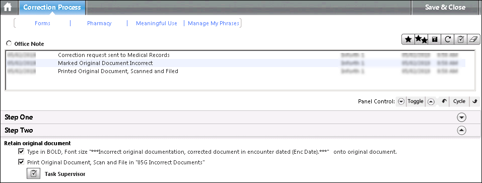 Step Two panel on the Correction Process template