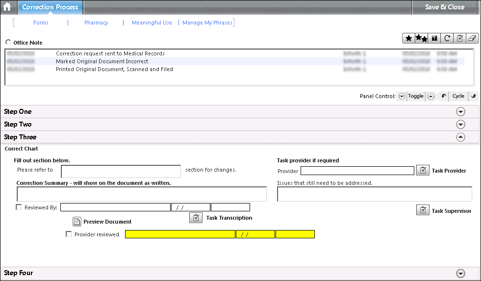 Step Three panel on the Correction Process template