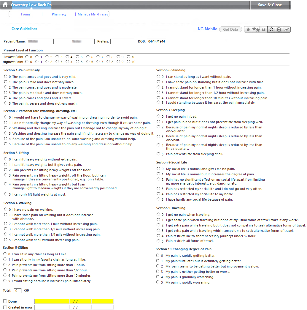 Oswestry Low Back Pain template