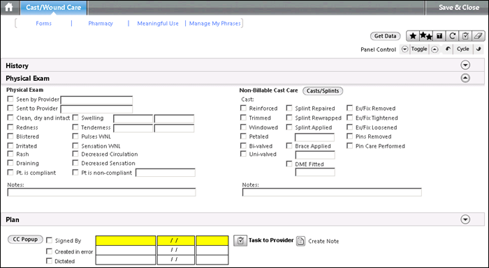 Physical Exam panel on the Cast/Wound Care template