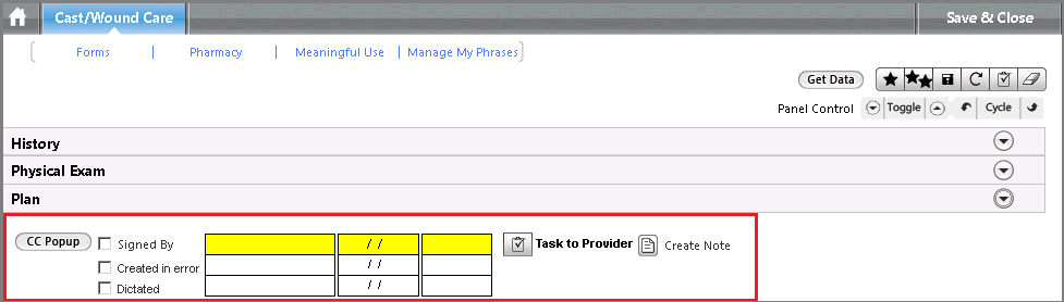Sign-off section on the Cast/Wound Care template