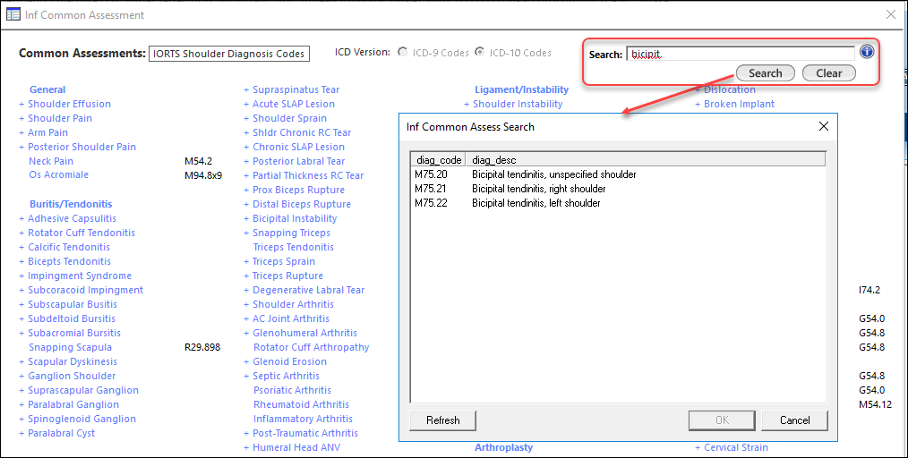 INF Common Assessment Search window