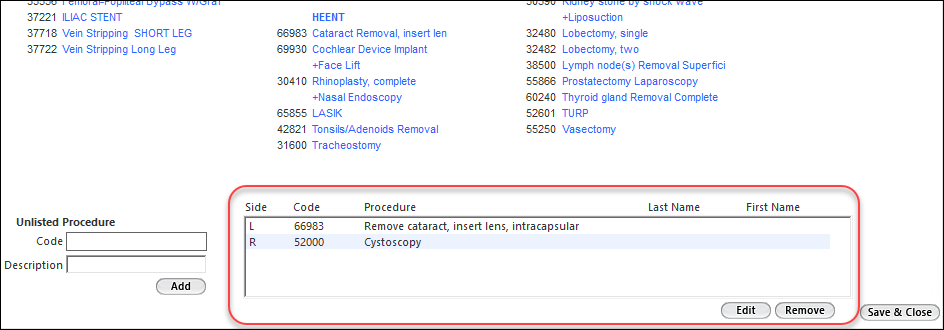 Procedures grid on the IORTS Procedure Page window