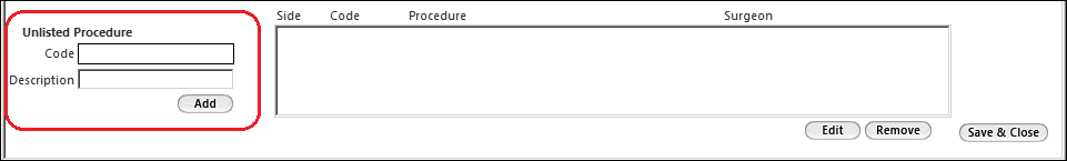 Unlisted Procedure section on the IORTS Px Xpo template