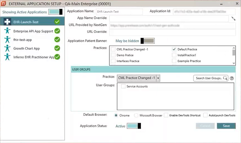 EXTERNAL APPLICATION SETUP Window