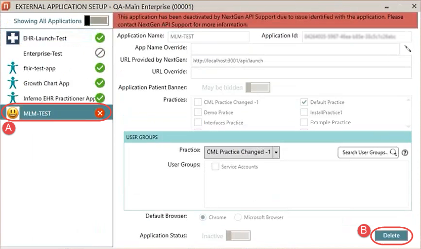 Delete Button in the EXTERNAL APPLICATION SETUP Window