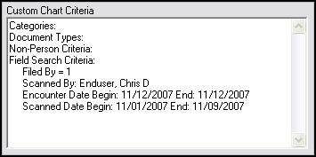 Sample search criteria displayed in the Custom Chart Criteria field of the the Custom Chart Detail window