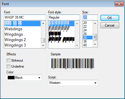 Barcode settings in the Font window