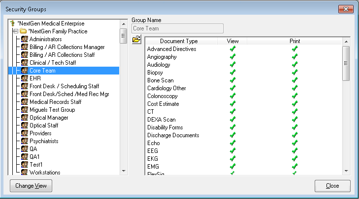 Security Groups Displaying Activated Permissions for Document Type
