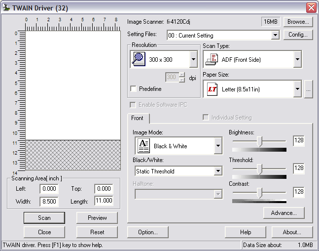 TWAIN driver interface for a specific scanner model