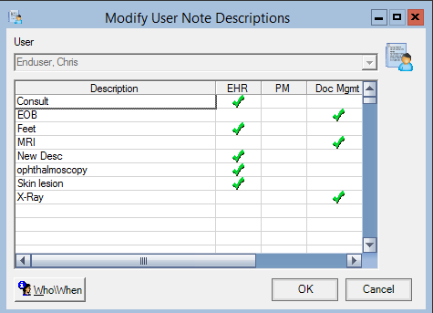 Modify User Note Descriptions window displaying user note descriptions that are available in some applications