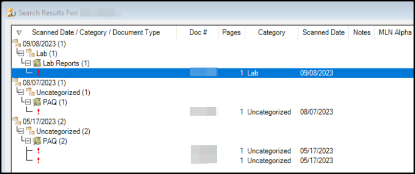 Search results window displaying the scanned dates