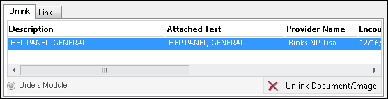 Unlink tab of the File window displaying a linked order