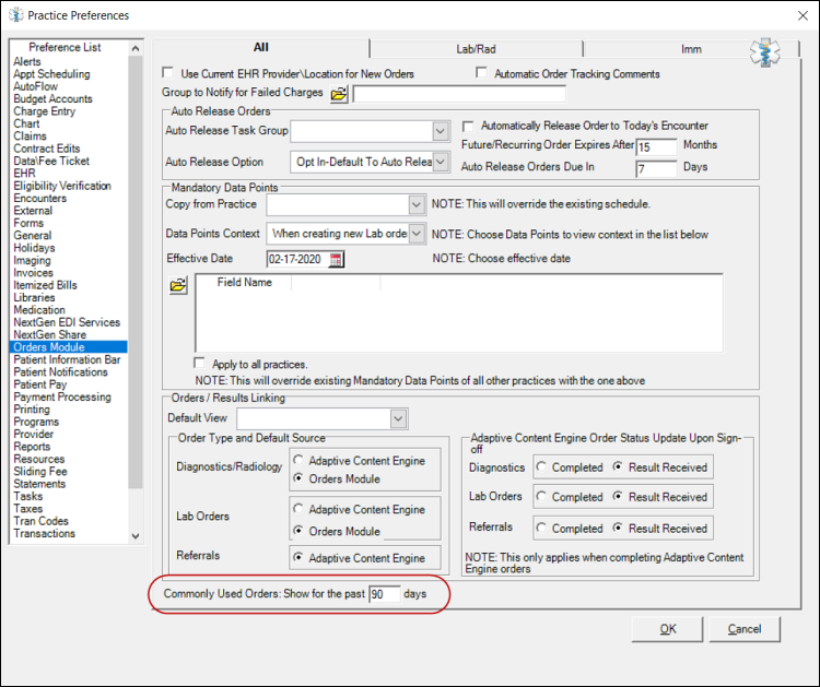 Commonly Used Orders Option in Practice Preferences