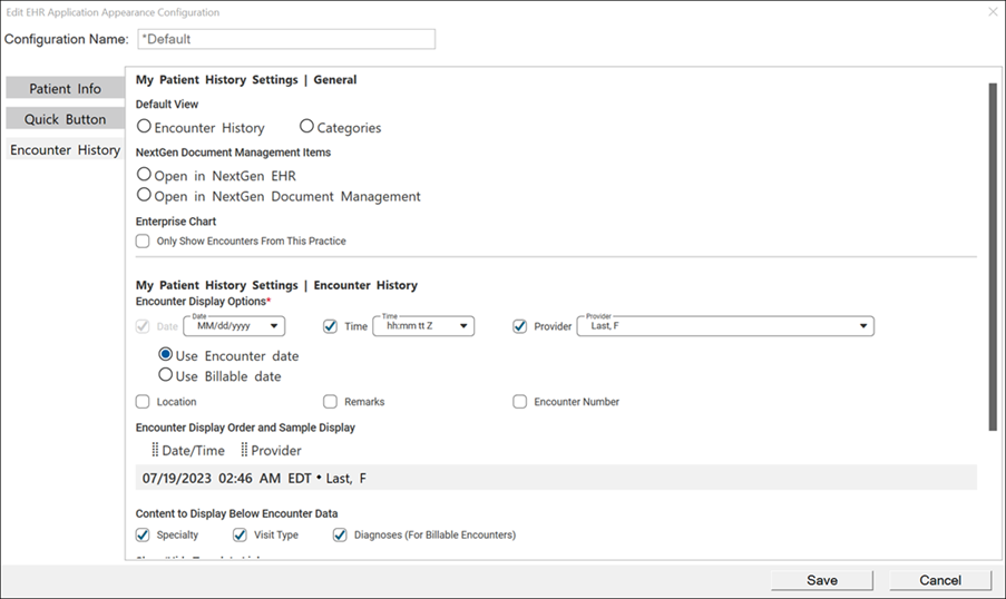 Edit EHR Application Appearance Configuration Window
