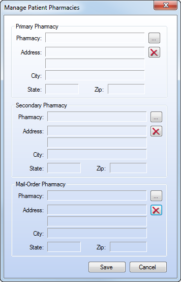 Manage Patient Pharmacies window