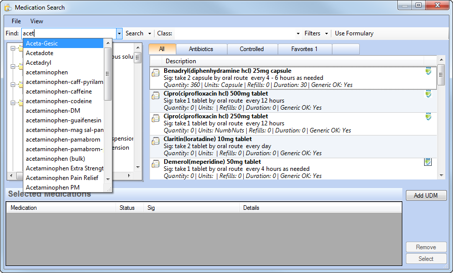 Medication search window Find