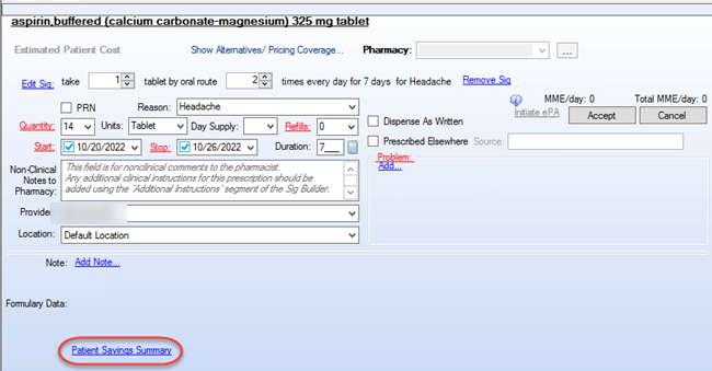 Patient Savings Summary link in Medication Module