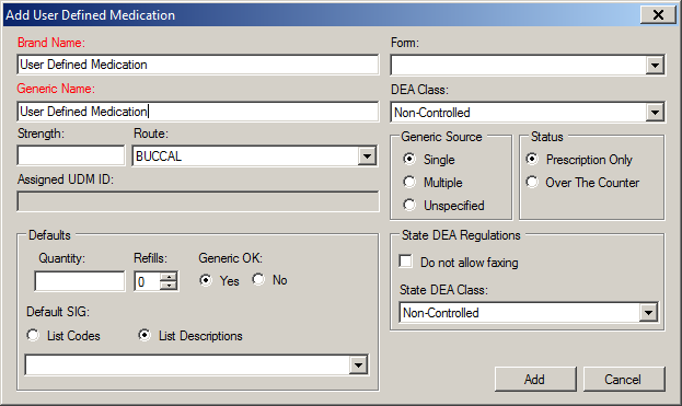 Add User Defined Medication