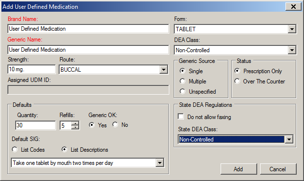 Add User Defined Medication