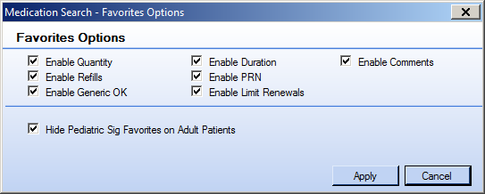 Medication Search - Favorites Options window