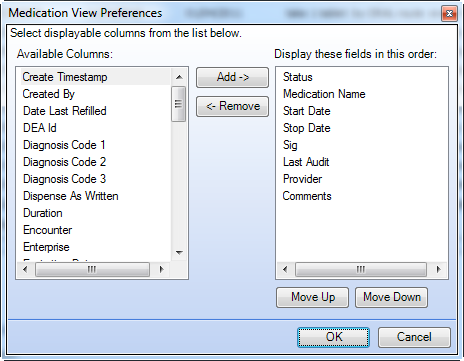 Select the columns in the Medication View Preferences
