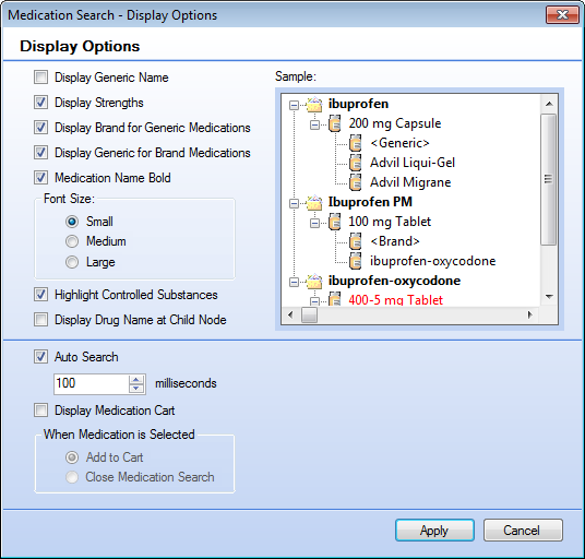 Medication Search - Display Options window