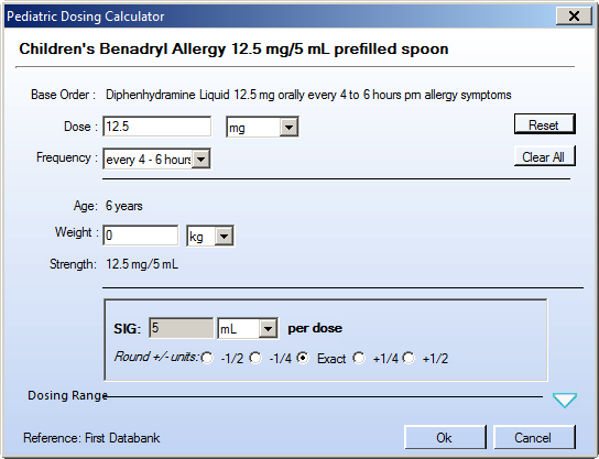 Pediatric Dosing Calculator window
