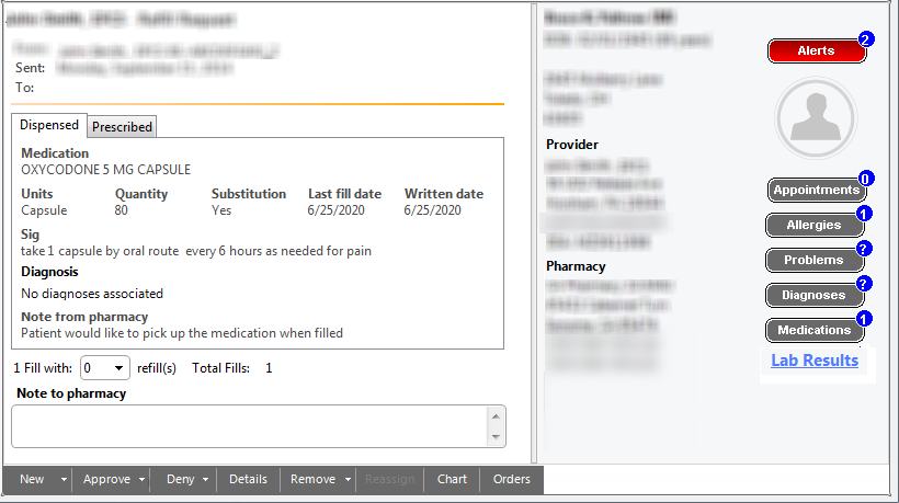Refill request information and the patient information