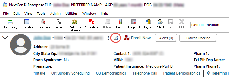 The External Applications icon appears in the Patient Information Card in NextGen Enterprise EHR