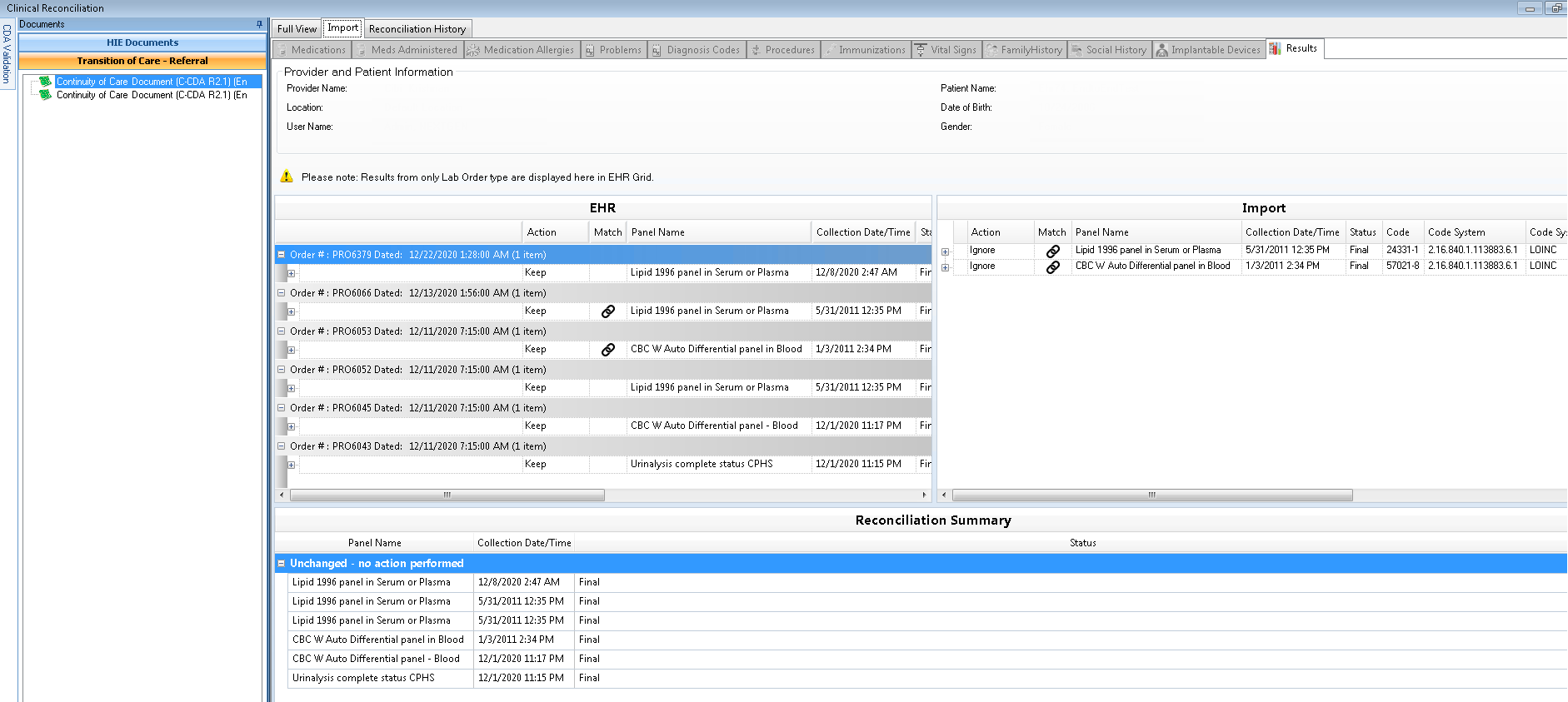 Results Tab in Clinical Reconciliation