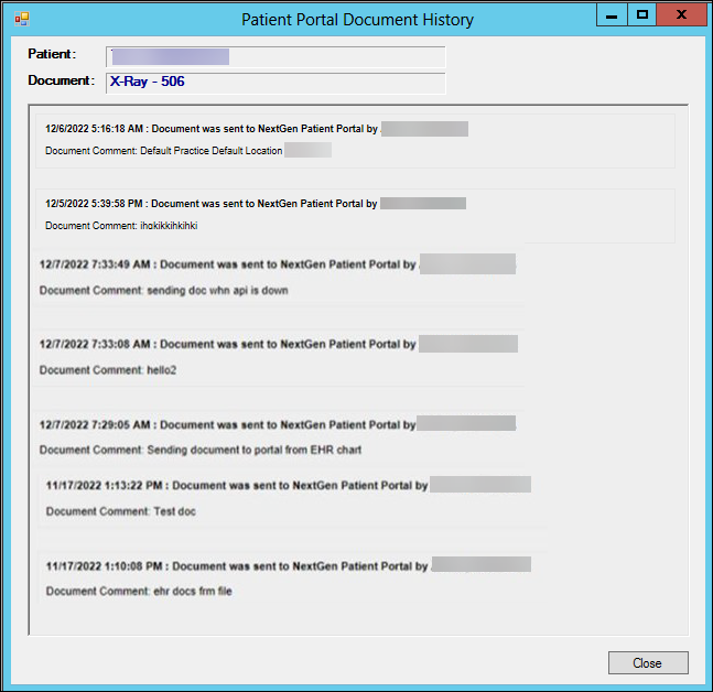 Patient Portal Document History Window