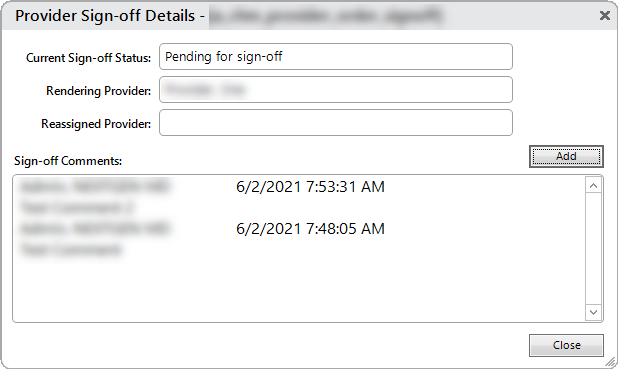Provider Sign-off Details Window