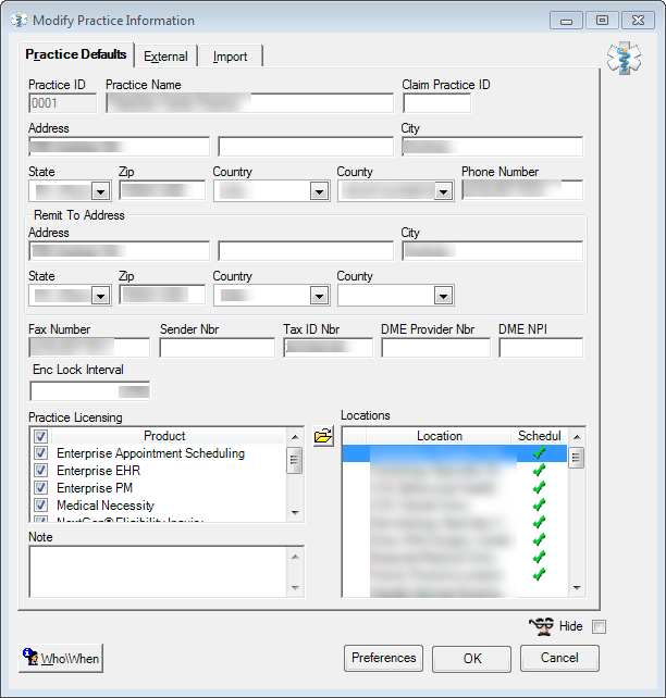 Modify Practice Information Window