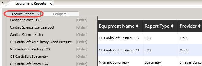 Acquire Report button and shortcut menu