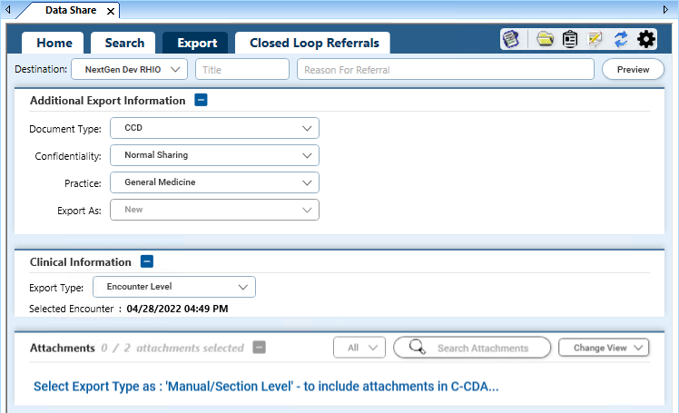 Export Tab of Data Share Module