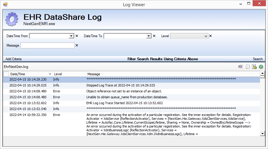 EHR DataShare Log Viewer