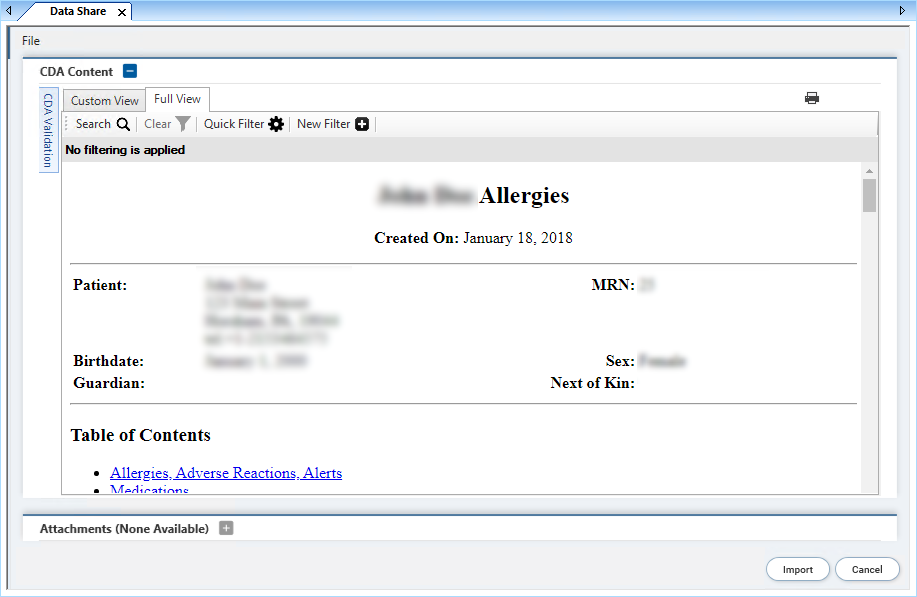 Preview of Document for Import