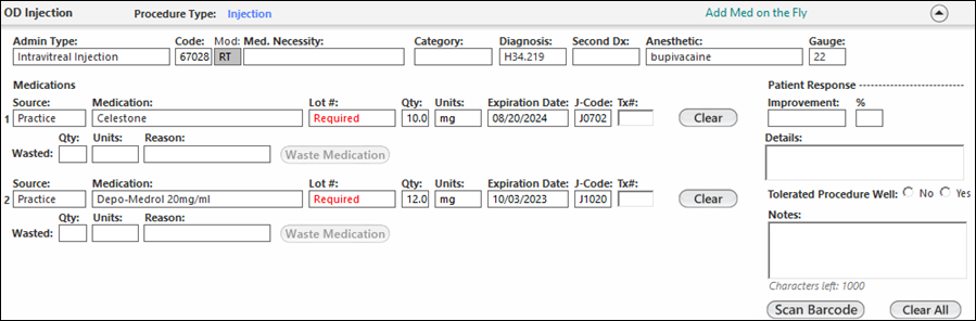 Injection panel on the MICS MedAdmin OPH template